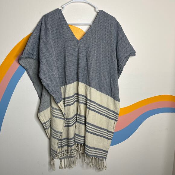 Tribe Alive Poncho Kaftan Women's Fringe V Neck Boho Swim Cover Up Stripe - Picture 2 of 5